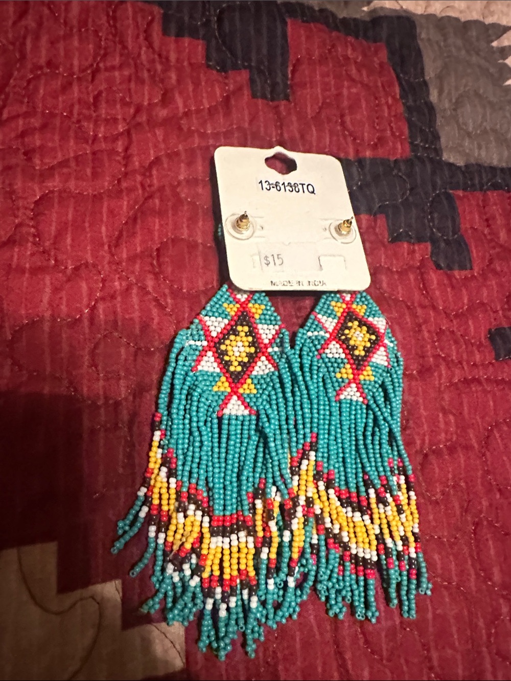 Turquoise Beaded Fringe Statement Earrings - Picture 3 of 3